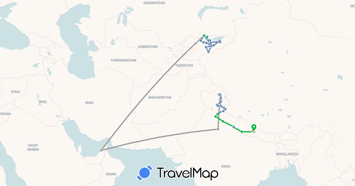 TravelMap itinerary: driving, bus, plane, cycling, hiking in United Arab Emirates, India, Kyrgyzstan, Nepal (Asia)
